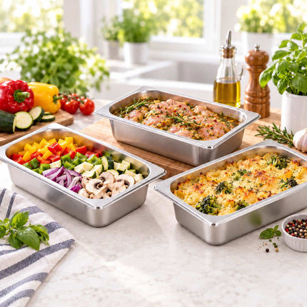 Set of 3 GN 1/4 Gastronorm Trays with Lids, 6.5 cm Deep, Stainless Steel