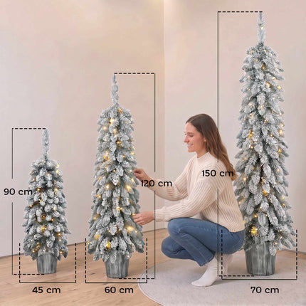 Set of 3 Snow-Flocked Pre-Lit Pencil Christmas Trees, 90/120/150 cm, Silver Pots