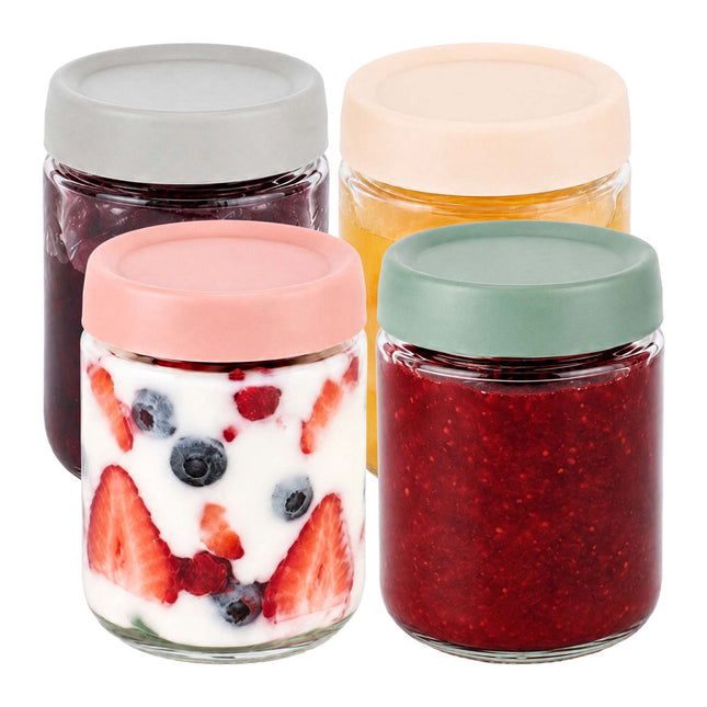 4 stiklinių uogienės indelių rinkinys, 450 ml, pastelinių dangtelių