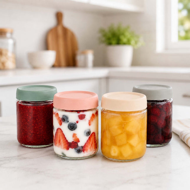 4 stiklinių uogienės indelių rinkinys, 450 ml, pastelinių dangtelių
