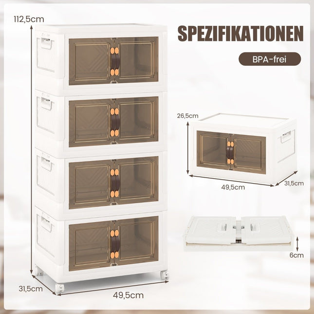 4 sudedamų daiktadėžių su dangčiais, ratukais ir durelėmis rinkinys: 49,5 x 31,5 x 112,5 cm
