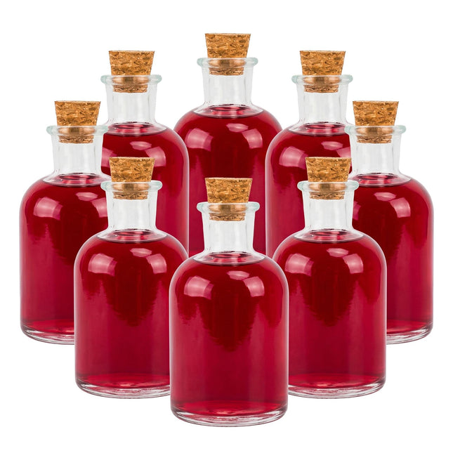 8 stiklinių butelių su kamščiais rinkinys – 150 ml, apvalūs
