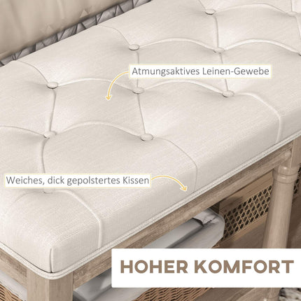 Batų suoliukas, batų lentyna, paminkštinta, lino imitacijos, medinės kojelės, svetainė, prieškambaris, kreminės spalvos, 115 x 40 x 48 cm