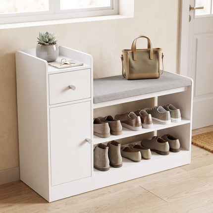 Shoe Bench with Seat Cushion, Drawer and 2 Open Shelves, White, 90 cm Wide