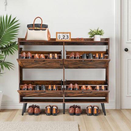 Shoe Cabinet, 4 Flip Drawers, Narrow Farmhouse, Brown