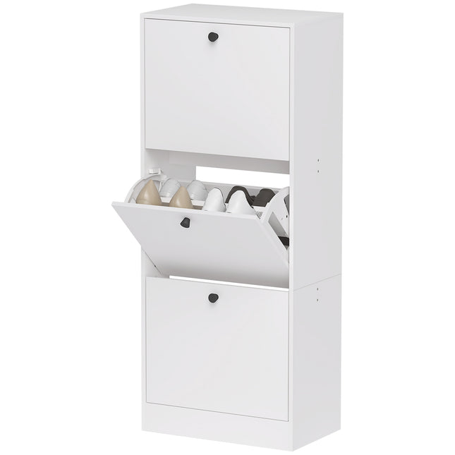 Batų spintelė su 3 atvartais, batų apvertimo skyriumi, batų lentyna su reguliuojamu skirtuku, siaura batų skrynia 12 porų batų 47 x 28 x 115 cm, balta