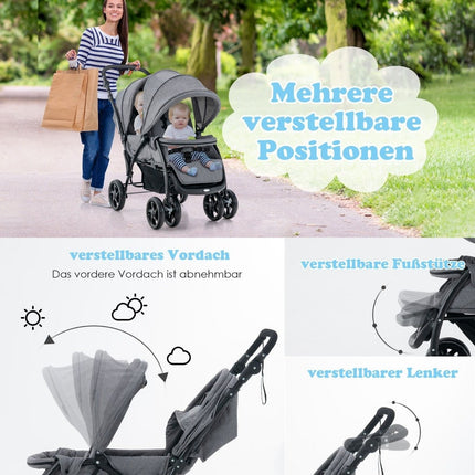 Sulankstomas vežimėlis broliams ir seserims, dvigubas vežimėlis, pilkas