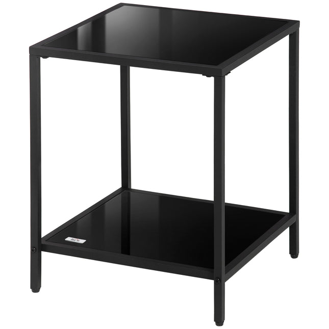 Black tempered glass side table - 2 tiers, 40 x 40 x 50 cm