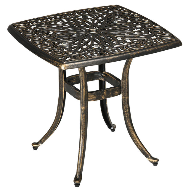 Patio side table with umbrella hole, aluminium, bronze