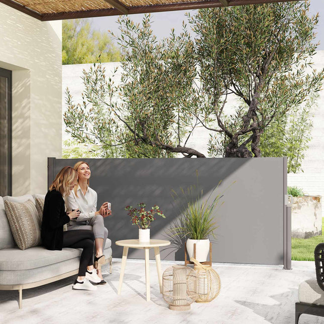 Šoninis tentas, ištraukiamas, nepermatomas, privatumo ekranas su sieniniu laikikliu, danga, šoninis sieninis tentas, sieninis tentas, apsauga nuo vėjo, 300 x 140 cm, tentas balkonui, terasai, sodui, tamsiai pilkas