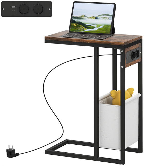 Šoninis staliukas su lizdais, USB prievadais, laidais, C formos dizainas