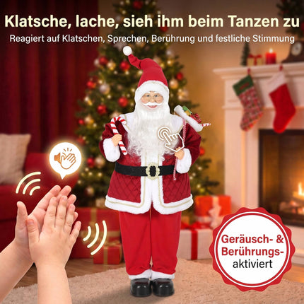 Singing Santa Figure 120 cm with Turning Head and Candy Cane, Gift Sack, Red