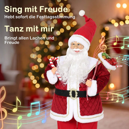 Singing Santa Figure 120 cm with Turning Head and Candy Cane, Gift Sack, Red