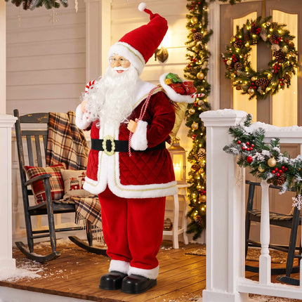 Singing Santa Figure 120 cm with Turning Head and Candy Cane, Gift Sack, Red