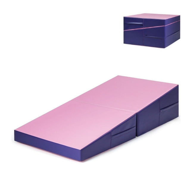 Pasviręs gimnastikos kilimėlis, pleišto formos minkštas grindų kilimėlis, sulankstomas 2 viename gimnastikos kilimėlis su nešiojimo rankena 150 x 75 x 36 cm, rožinis + violetinis