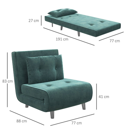 Miegamasis krėslas, Sulankstomas krėslas su lovos funkcija, Viengulė sofa su pagalvėmis, Svečių lova, Apmušta sofa su aksominiu imitacijos raštu, Tamsiai žalia, 77 x 88 x 83 cm
