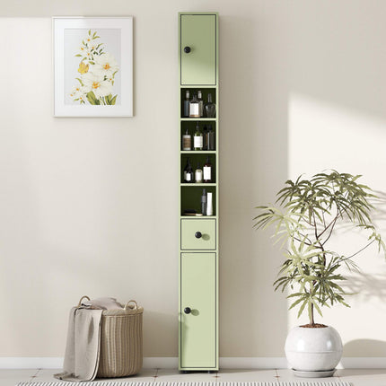 Slim Bathroom Cabinet with Drawer, 4 Shelves, Green, 20x20x180 cm