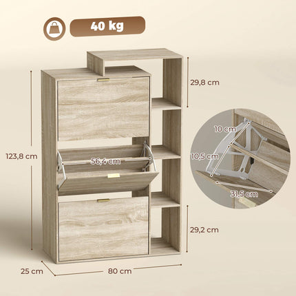Slim Shoe Cabinet with 3 Flip Compartments for 18 Pairs, Natural, 25 cm Deep