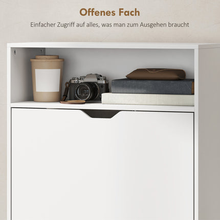 Slim Shoe Cabinet with 3 Flip-Down Drawers and Open Shelf, 12-18 Pairs, White