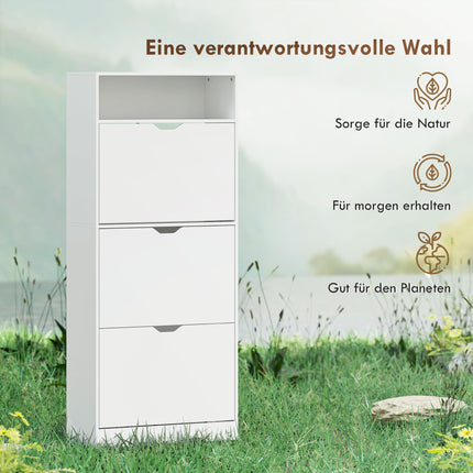 Slim Shoe Cabinet with 3 Flip-Down Drawers and Open Shelf, 12-18 Pairs, White