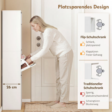 Slim Shoe Cabinet with 3 Flip-Down Drawers and Open Shelf, 12-18 Pairs, White