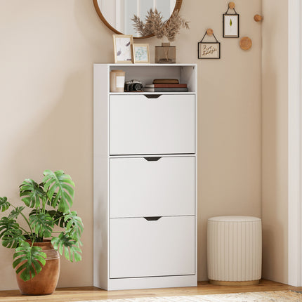 Slim Shoe Cabinet with 3 Flip-Down Drawers and Open Shelf, 12-18 Pairs, White