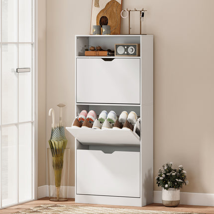Slim Shoe Cabinet with 3 Flip-Down Drawers and Open Shelf, 12-18 Pairs, White