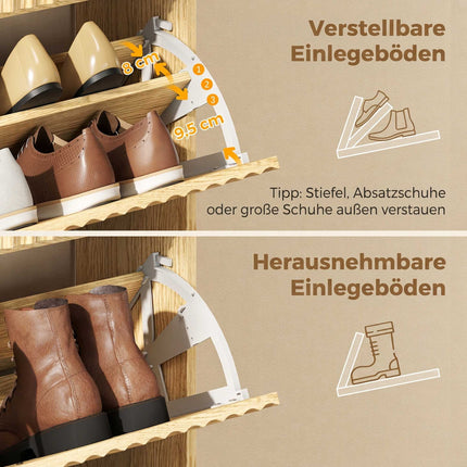 Slim Shoe Cabinet with 3 Flip-Down Drawers for 18 Pairs, Light Brown, 24 cm Deep