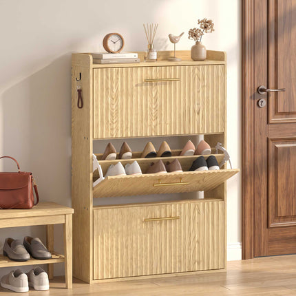 Slim Shoe Cabinet with 3 Flip-Down Drawers for 18 Pairs, Light Brown, 24 cm Deep