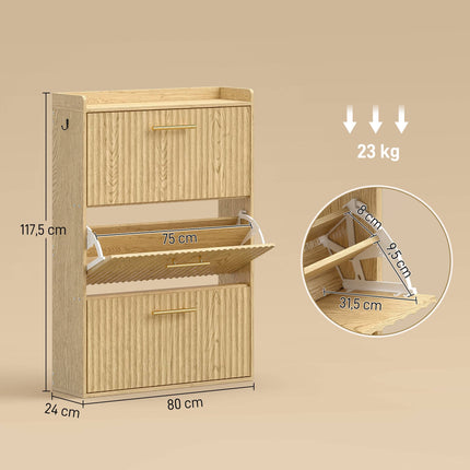 Slim Shoe Cabinet with 3 Flip-Down Drawers for 18 Pairs, Light Brown, 24 cm Deep