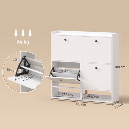 Slim Shoe Cabinet with 4 Flip-Down Compartments for 16 Pairs, White, 24 cm Deep