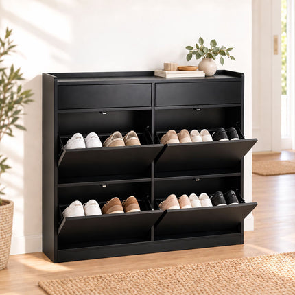 Slim Shoe Cabinet with 4 Tilt-Out Compartments and 2 Flaps, Black, MDF