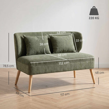 Small 2-Seater Chenille Loveseat with Wingback Design, Dark Green, 2 Cushions