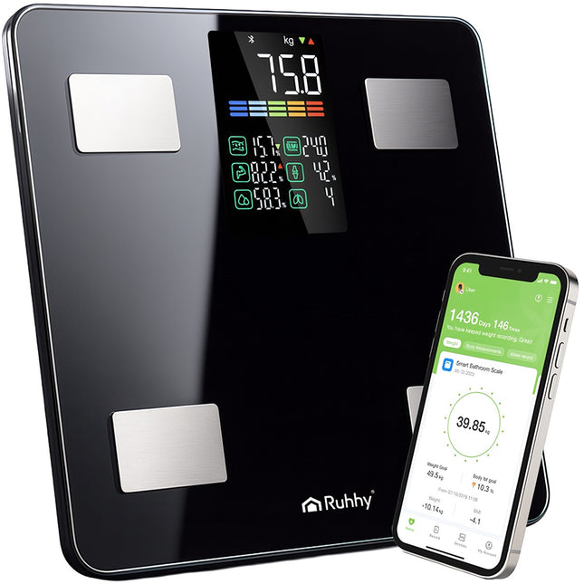 Išmaniosios LCD vonios svarstyklės, juodos, 226 kg talpa