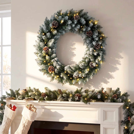 Snow-Flocked Christmas Wreath 60 cm with 50 LEDs, Pine Cones, 8 Light Modes