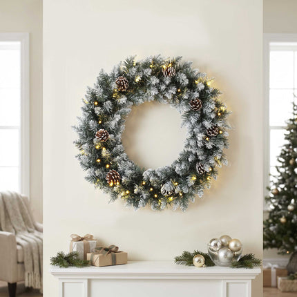 Snow-Flocked Christmas Wreath 60 cm with 50 LEDs, Pine Cones, 8 Light Modes