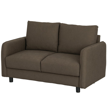 Dvivietė moderni sofa su porankiais, 2 dekoratyvinėmis pagalvėlėmis, minkšta sofa su vieta daiktams susidėti, S spyruoklėmis ir elastinėmis juostelėmis, maža poilsio sofa su aksomo imitacija svetainei, 136 x 75 x 84 cm, ruda