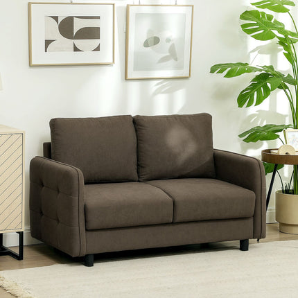 Dvivietė moderni sofa su porankiais, 2 dekoratyvinėmis pagalvėlėmis, minkšta sofa su vieta daiktams susidėti, S spyruoklėmis ir elastinėmis juostelėmis, maža poilsio sofa su aksomo imitacija svetainei, 136 x 75 x 84 cm, ruda
