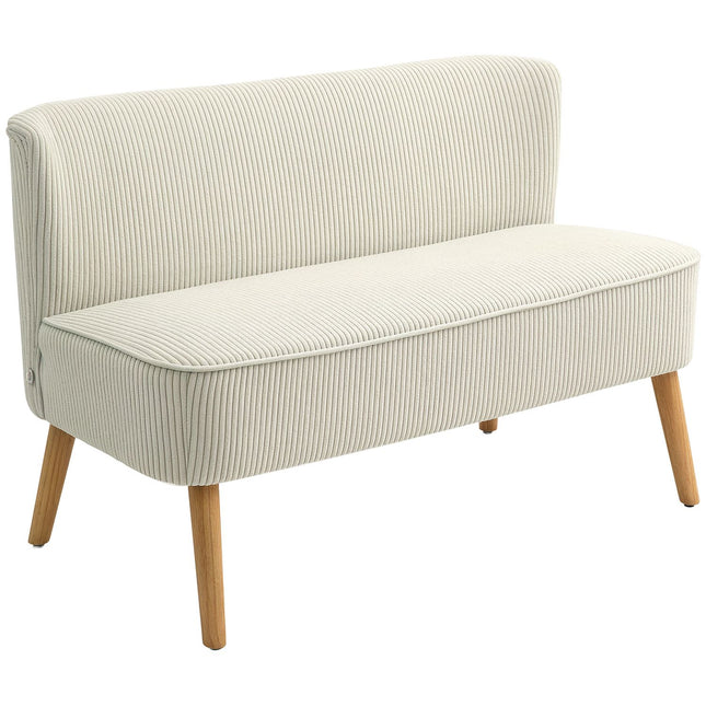 Dvivietė moderni sofa be porankių, apmušta sofa su velveto imitacija, maža poilsio sofa su medinėmis kojelėmis svetainei, 117 x 56,5 x 77 cm, kreminės baltos spalvos