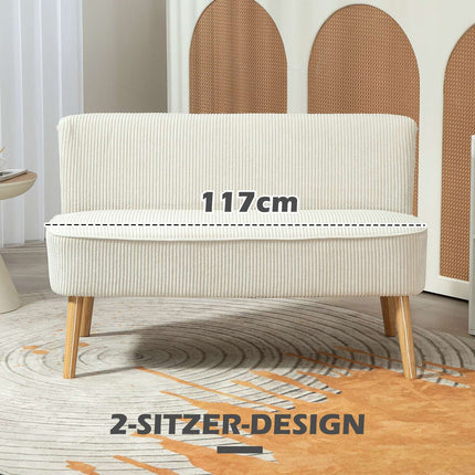 Dvivietė moderni sofa be porankių, apmušta sofa su velveto imitacija, maža poilsio sofa su medinėmis kojelėmis svetainei, 117 x 56,5 x 77 cm, kreminės baltos spalvos