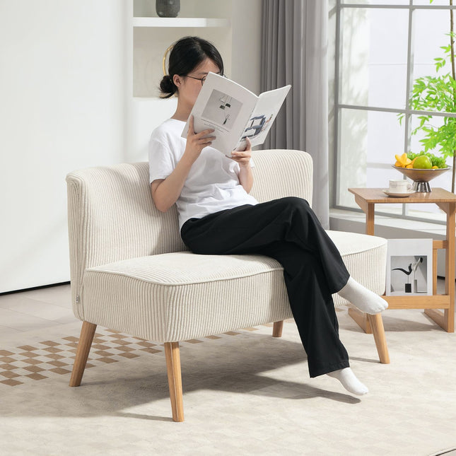 Dvivietė moderni sofa be porankių, apmušta sofa su velveto imitacija, maža poilsio sofa su medinėmis kojelėmis svetainei, 117 x 56,5 x 77 cm, kreminės baltos spalvos