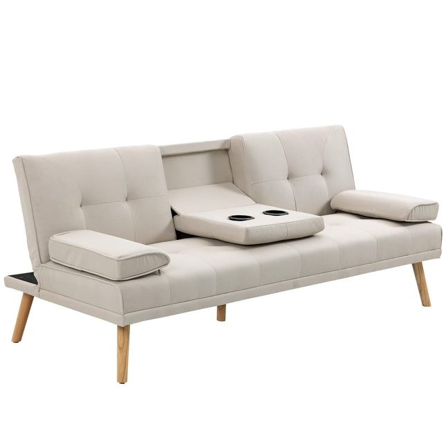 Sofa-lova, trivietė sofa, sofa-lova su sulankstomu stalu, medžiaginė sofa su lino imitacija, skandinaviško dizaino, keliamoji galia iki 250 kg