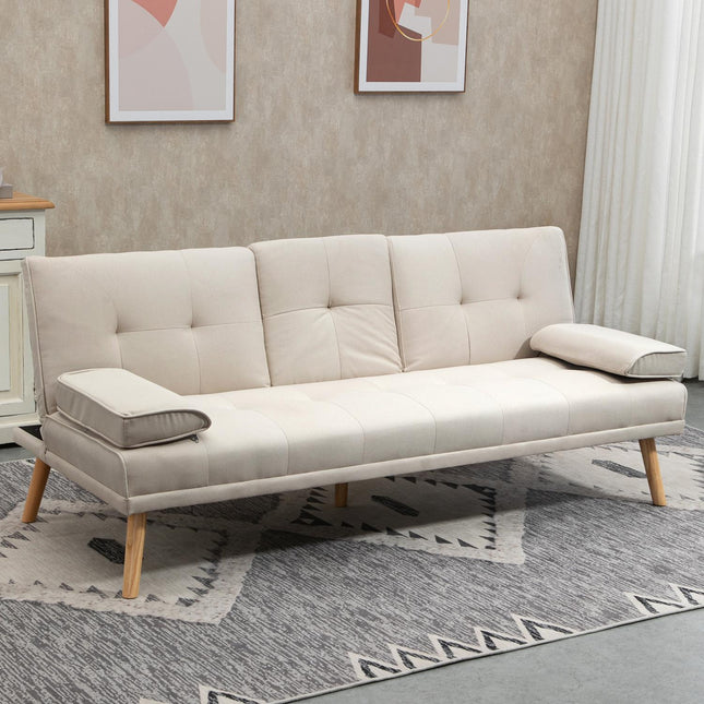 Sofa-lova, trivietė sofa, sofa-lova su sulankstomu stalu, medžiaginė sofa su lino imitacija, skandinaviško dizaino, keliamoji galia iki 250 kg