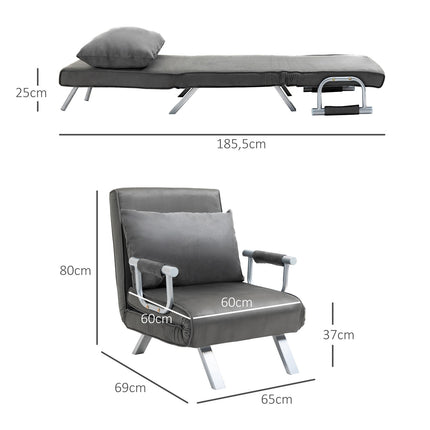 Sofa-lova su porankiais 65x69x80 cm, 3 viename, sofa-lova, svečių lova, sulankstomas čiužinys, šezlongas, dirbtinė oda, pilka