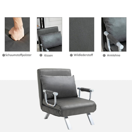 Sofa-lova su porankiais 65x69x80 cm, 3 viename, sofa-lova, svečių lova, sulankstomas čiužinys, šezlongas, dirbtinė oda, pilka