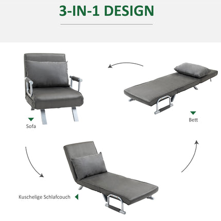 Sofa-lova su porankiais 65x69x80 cm, 3 viename, sofa-lova, svečių lova, sulankstomas čiužinys, šezlongas, dirbtinė oda, pilka