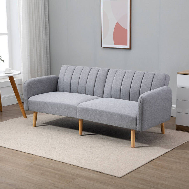 Sofa-lova, dvivietė sofa su miegojimo funkcija, reguliuojamas atlošas, storai paminkštinta sofa, porankis, sofa-lova su medinėmis kojelėmis svetainei, svečių kambariui, 173 x 75 x 73 cm, pilka