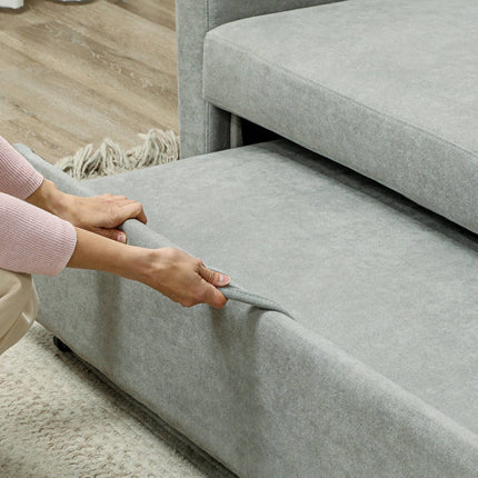 Sofa-lova, dvivietė sofa su miegojimo funkcija, reguliuojamas atlošas, sofa su pagalvėlėmis, aksominė imitacija, sofa-lova su patalynės dėže svetainei, svečių kambariui, šviesiai pilka