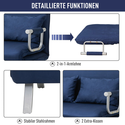 Sofa-lova, dvivietė sofa su miegojimo funkcija ir reguliuojamu atlošu, sofa su dekoratyvinėmis pagalvėlėmis aksomo imitacijos, minkšta sofa svetainei ir miegamajam, mėlyna