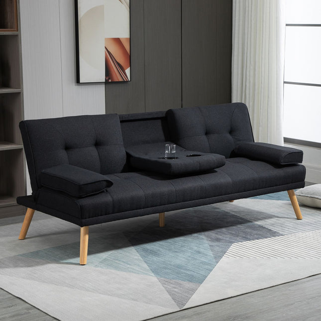 Trivietė sofa-lova su sulankstomu stalu, puodelių laikikliu, lininė sofa-lova, skandinaviško dizaino, keliamoji galia iki 250 kg, svetainei, pilka
